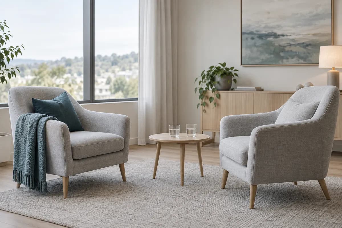 Illustrative photograph of a therapy room with two chairs and no people.